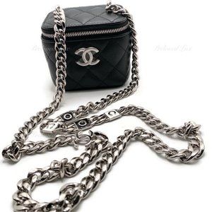 Authentic CHANEL Caviar Black Mini Vanity Case Coco Thick Chain Bag SHW